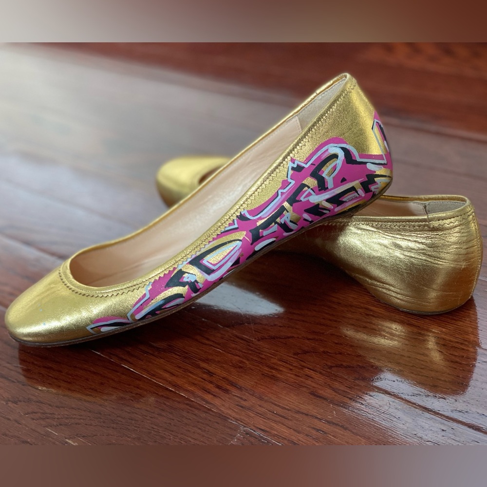 Christian Louboutin Gold Square Toe Ballet Flat pink, white painted design.